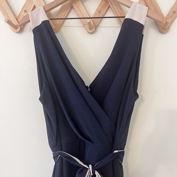 DKNY Colorblocked Belted Faux-Wrap Dress Navy Beige Size 16 - Picture 5 of 10